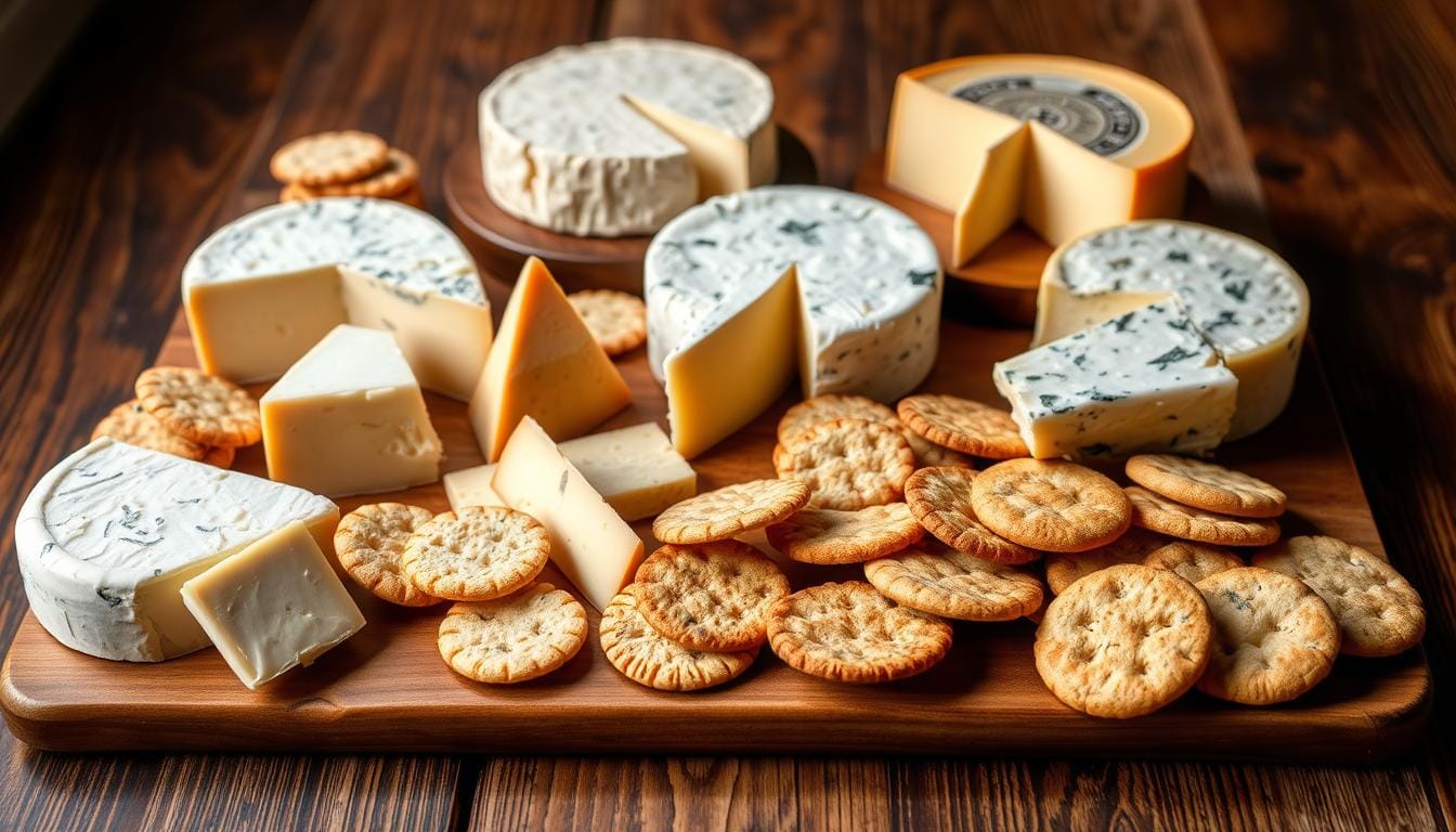 Enjoy the Classic Combo: Cheese and Crackers 1 A wooden table set with an assortment of gourmet cheeses, carefully arranged alongside a selection of artisanal crackers. The cheeses range from soft and creamy to firm and flavorful, each with its distinctive texture and aroma. The crackers, in various shapes and sizes, provide the perfect canvas to showcase the cheese selections. Soft, directional lighting casts a warm, inviting glow over the scene, highlighting the rich colors and textures of the ingredients. The composition is balanced and visually appealing, inviting the viewer to imagine themselves savoring this classic culinary pairing.