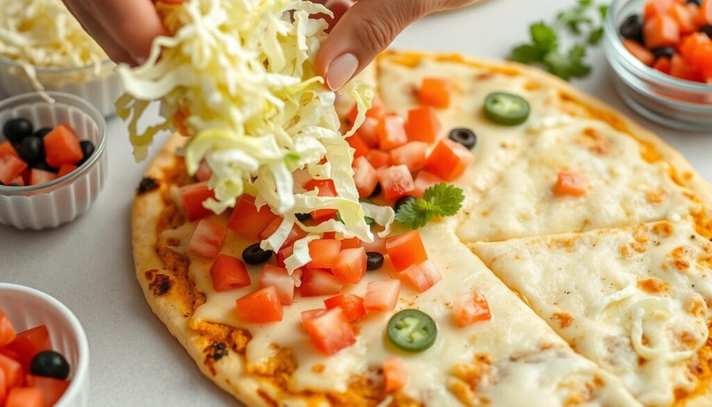 Adding fresh toppings to a baked taco pizza Adding fresh toppings to a baked taco pizza