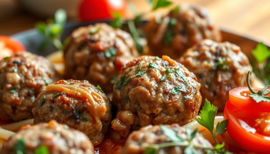 Appetizing beef and turkey meatballs, seared to a golden crust, nestled among fresh herbs and sliced cherry tomatoes. Soft, pillowy texture contrasted by crisp edges, bathed in warm, aromatic lighting. Inviting, homemade aesthetic with a hint of rustic charm. Carefully composed to showcase the dish's comforting, weeknight-friendly appeal. Crisp, high-resolution details reveal every tempting morsel, drawing the viewer in. A simple, satisfying meal idea to inspire busy families returning to the school routine. Appetizing beef and turkey meatballs, seared to a golden crust, nestled among fresh herbs and sliced cherry tomatoes. Soft, pillowy texture contrasted by crisp edges, bathed in warm, aromatic lighting. Inviting, homemade aesthetic with a hint of rustic charm. Carefully composed to showcase the dish's comforting, weeknight-friendly appeal. Crisp, high-resolution details reveal every tempting morsel, drawing the viewer in. A simple, satisfying meal idea to inspire busy families returning to the school routine.