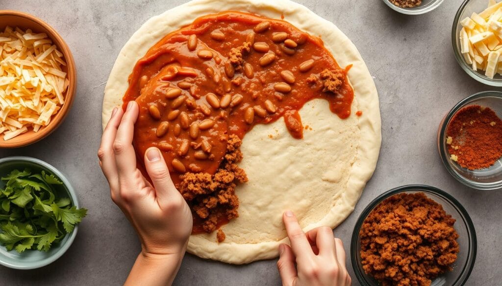 Assembling taco pizza with layers of refried beans and seasoned ground beef Assembling taco pizza with layers of refried beans and seasoned ground beef