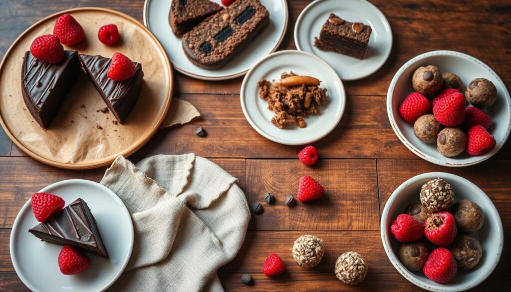 Assortment of vegan desserts including chocolate cake, cookies, and fruit-based treats Assortment of vegan desserts including chocolate cake, cookies, and fruit-based treats