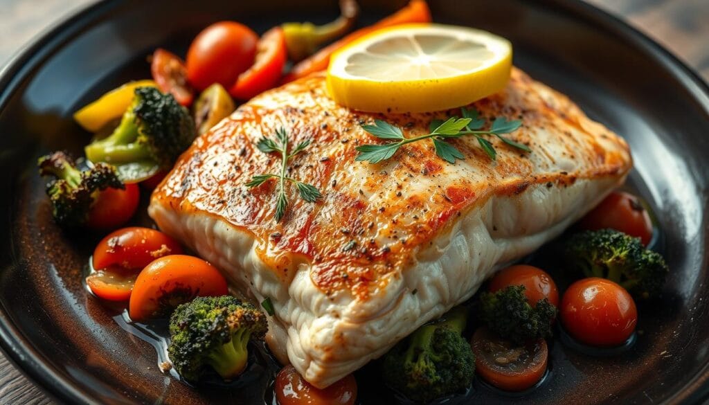 Baked salmon with roasted vegetables on a plate
