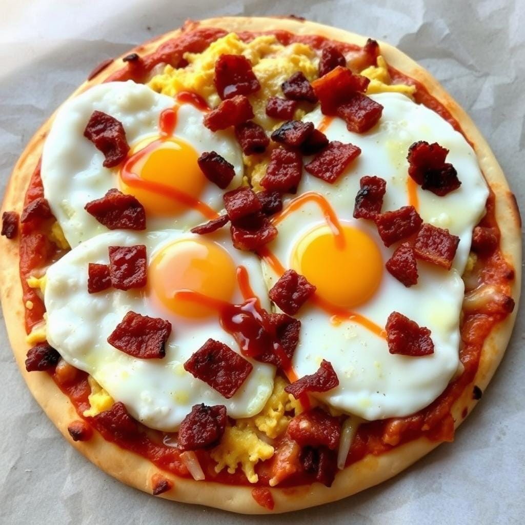 Breakfast taco pizza topped with scrambled eggs and bacon Breakfast taco pizza topped with scrambled eggs and bacon