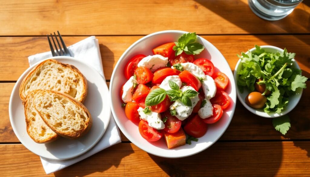 Burst Tomato Cottage Cheese Caprese Bowl served with crusty bread and a side salad Burst Tomato Cottage Cheese Caprese Bowl served with crusty bread and a side salad