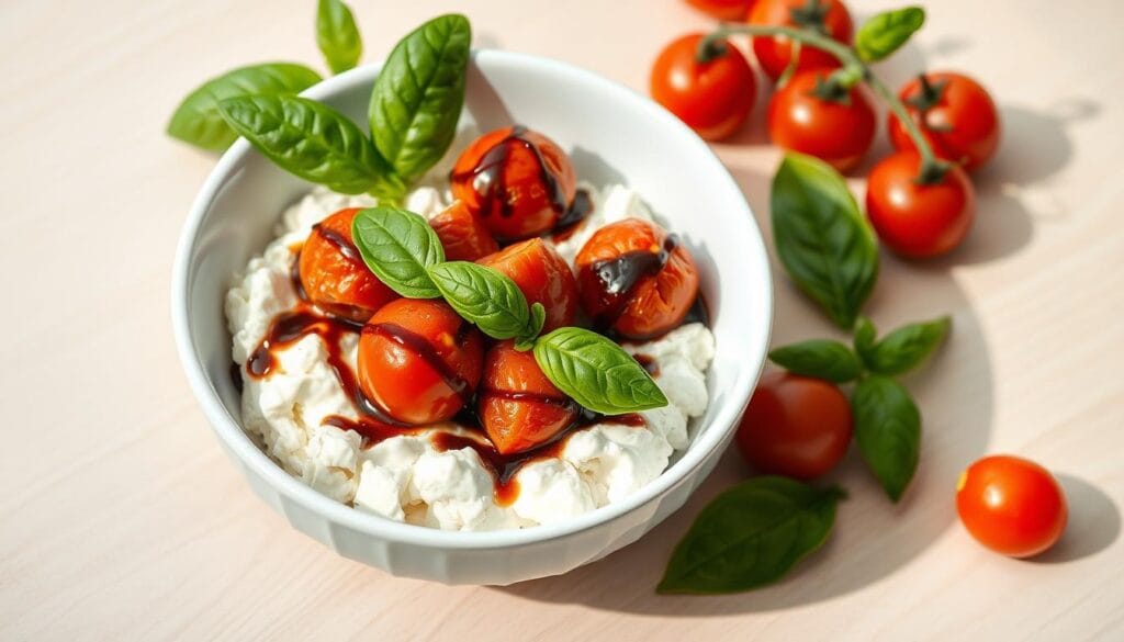 Burst Tomato Cottage Cheese Caprese Bowl topped with fresh basil and balsamic glaze