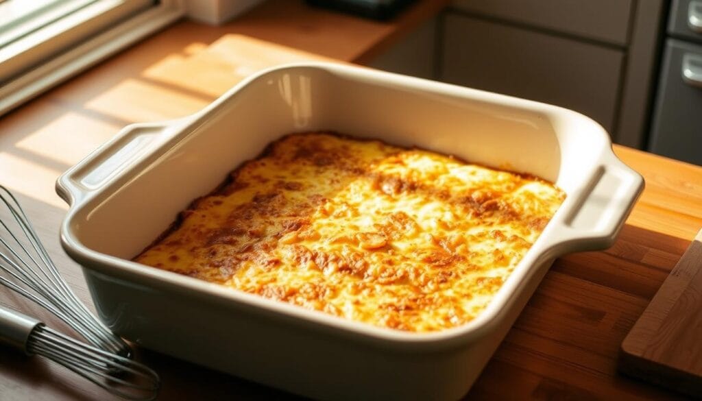 Casserole dish, a rectangular ceramic baking pan with a glazed exterior, sits atop a wooden kitchen counter. Soft, natural lighting filters in from a nearby window, casting a warm glow on the dish's smooth, neutral-toned surface. The pan's generous size and high walls suggest it can accommodate a hearty, layered breakfast casserole. Surrounding the dish are subtle kitchen accessories, such as a metal whisk and a small cutting board, hinting at the preparation process. The scene conveys a sense of culinary anticipation, with the casserole dish as the central, functional focus for baking a savory, low-carb breakfast.