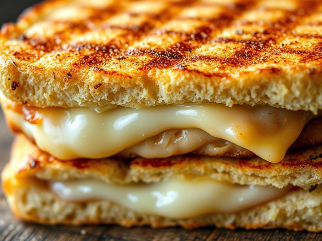 Close-up of perfectly grilled panini showing golden crust and melted cheese Close-up of perfectly grilled panini showing golden crust and melted cheese