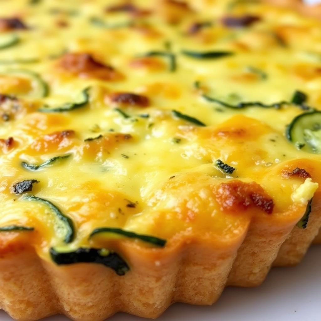 Close-up of zucchini quiche showing texture and cheese Close-up of zucchini quiche showing texture and cheese