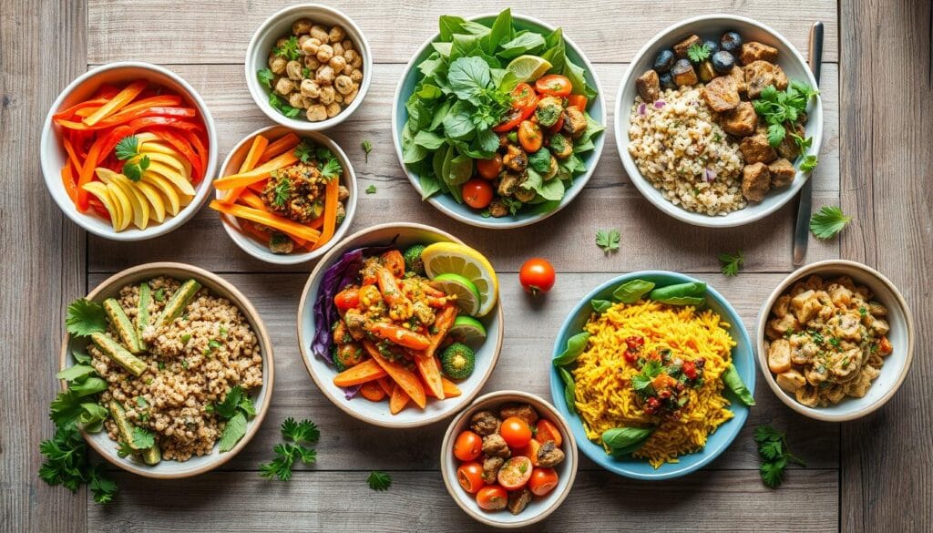 Colorful spread of vegan dishes including salads, soups, and main courses arranged on a wooden table