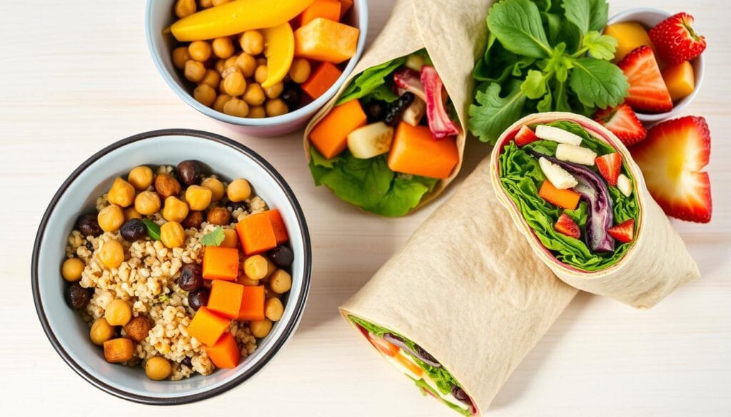 Colorful vegan lunch options including grain bowls and wraps Colorful vegan lunch options including grain bowls and wraps