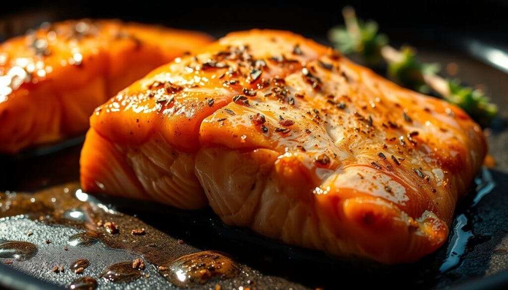 Crisp, golden-brown air fryer salmon filets, expertly cooked to perfection. The fish glistens with a delicate glaze, revealing a delectable medium-rare interior. Vibrant flecks of herbs and spices adorn the surface, complementing the moist, flaky texture. Dramatic lighting casts dynamic shadows, accentuating the succulent curves and caramelized edges. The scene is captured from a slightly elevated angle, showcasing the salmon's tempting doneness and enticing the viewer to savor each bite. Crisp, golden-brown air fryer salmon filets, expertly cooked to perfection. The fish glistens with a delicate glaze, revealing a delectable medium-rare interior. Vibrant flecks of herbs and spices adorn the surface, complementing the moist, flaky texture. Dramatic lighting casts dynamic shadows, accentuating the succulent curves and caramelized edges. The scene is captured from a slightly elevated angle, showcasing the salmon's tempting doneness and enticing the viewer to savor each bite.