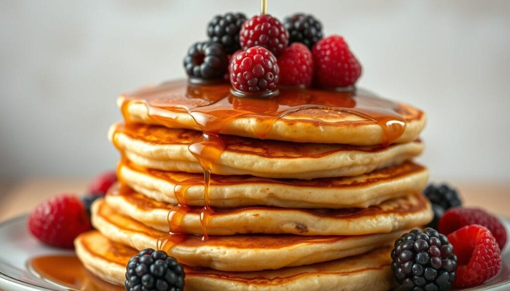 Delicious, golden-brown pancakes stacked high, drizzled with maple syrup and adorned with fresh, juicy berries. The fluffy texture and mouthwatering aroma evoke a cozy, homey atmosphere. Soft, diffused lighting from above casts a warm glow, highlighting the intricate patterns and textures of the pancakes. The camera angles showcase the appetizing display, drawing the viewer in with a sense of rustic elegance. This inviting scene captures the effortless charm of a quick, easy breakfast that will delight the senses and kickstart the day with nourishment and joy. Delicious, golden-brown pancakes stacked high, drizzled with maple syrup and adorned with fresh, juicy berries. The fluffy texture and mouthwatering aroma evoke a cozy, homey atmosphere. Soft, diffused lighting from above casts a warm glow, highlighting the intricate patterns and textures of the pancakes. The camera angles showcase the appetizing display, drawing the viewer in with a sense of rustic elegance. This inviting scene captures the effortless charm of a quick, easy breakfast that will delight the senses and kickstart the day with nourishment and joy.