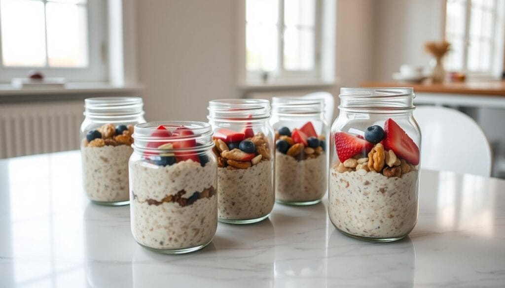 Detailed meal prep schedule for overnight oats on a marble table top. A week's worth of glass jars filled with layered oats, fruit, and nuts. Natural lighting from large windows casts a soft, warm glow. Minimalist, elegant styling with muted colors. Shallow depth of field, focus on the jars in the foreground. Clean, simple, and organized composition to convey the ease of preparing healthy school day breakfasts. Detailed meal prep schedule for overnight oats on a marble table top. A week's worth of glass jars filled with layered oats, fruit, and nuts. Natural lighting from large windows casts a soft, warm glow. Minimalist, elegant styling with muted colors. Shallow depth of field, focus on the jars in the foreground. Clean, simple, and organized composition to convey the ease of preparing healthy school day breakfasts.
