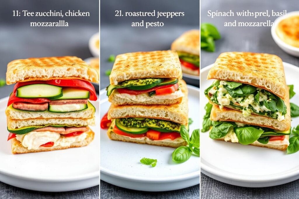 Different variations of chicken panini with alternative ingredients Different variations of chicken panini with alternative ingredients