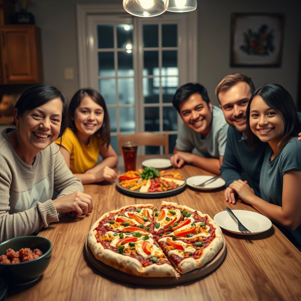 Family enjoying homemade taco pizza around a dinner table Family enjoying homemade taco pizza around a dinner table