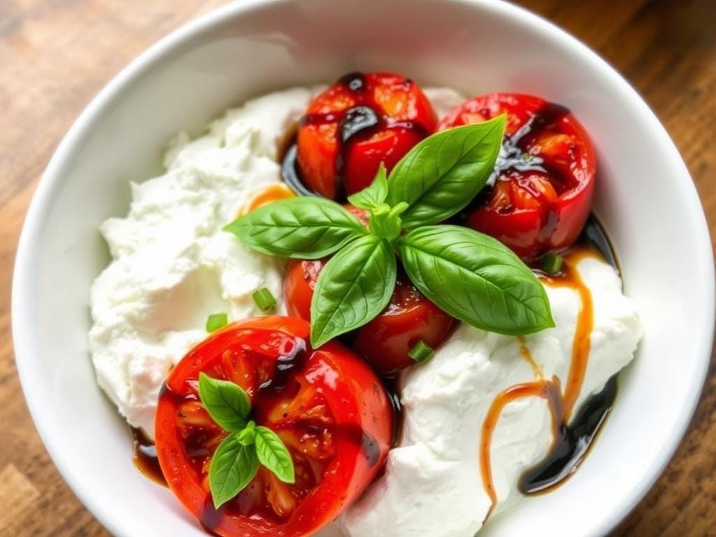Finished Burst Tomato Cottage Cheese Caprese Bowl ready to eat Finished Burst Tomato Cottage Cheese Caprese Bowl ready to eat