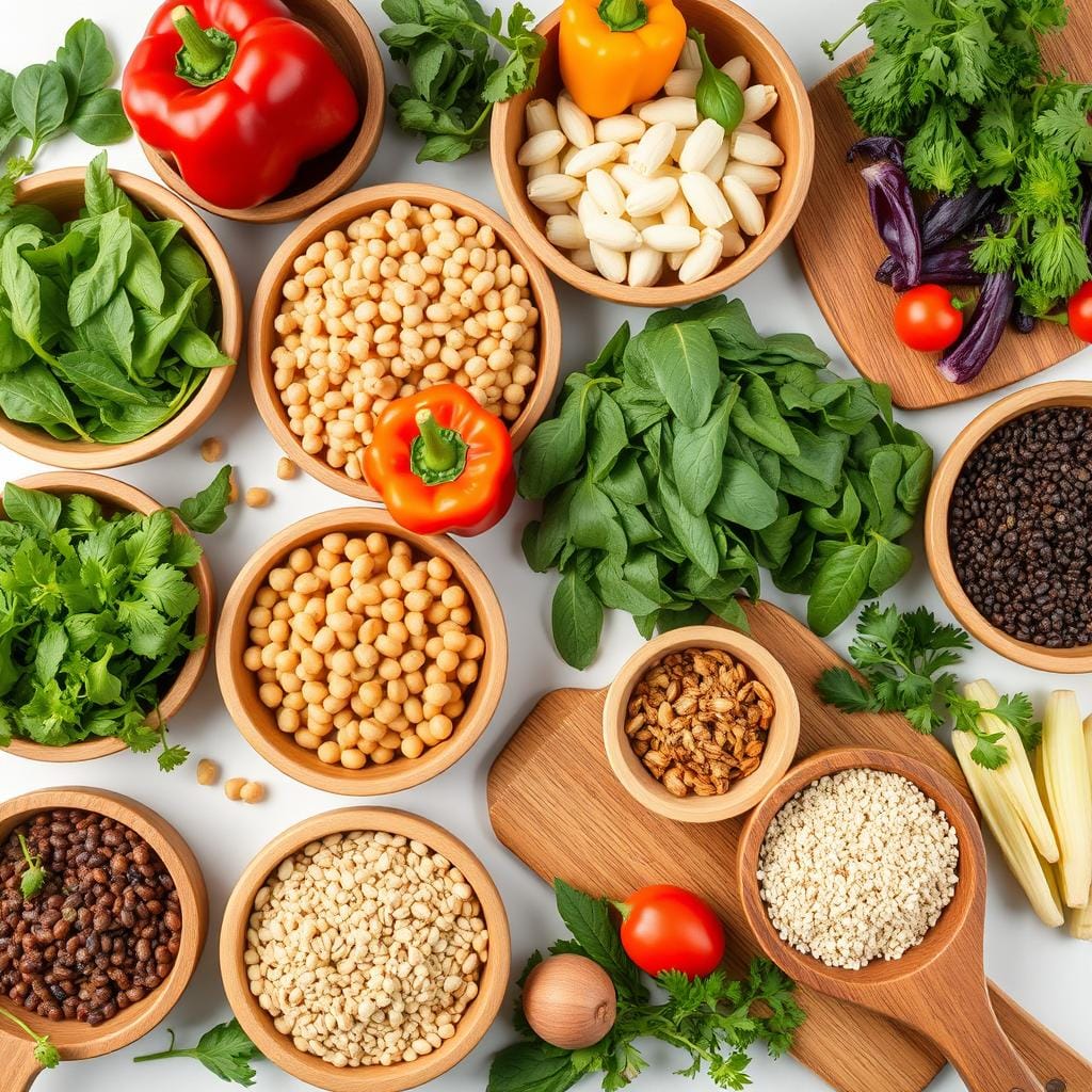 Fresh vegetables and plant-based ingredients for vegan recipes arranged in wooden bowls Fresh vegetables and plant-based ingredients for vegan recipes arranged in wooden bowls