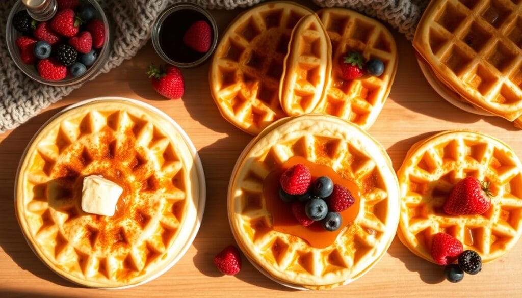 Freshly baked freezer-friendly pancakes and waffles artfully arranged on a wooden table, surrounded by fresh berries, maple syrup, and a cozy knit blanket. Warm, golden-brown textures and soft shadows cast by gentle overhead lighting create a comforting, homemade atmosphere. The waffles feature a crisp exterior and fluffy interior, while the pancakes are evenly cooked with a delicate, lightly browned surface. The arrangement is both visually appealing and enticing, inviting the viewer to imagine a delightful school morning feast that the whole family will love. Freshly baked freezer-friendly pancakes and waffles artfully arranged on a wooden table, surrounded by fresh berries, maple syrup, and a cozy knit blanket. Warm, golden-brown textures and soft shadows cast by gentle overhead lighting create a comforting, homemade atmosphere. The waffles feature a crisp exterior and fluffy interior, while the pancakes are evenly cooked with a delicate, lightly browned surface. The arrangement is both visually appealing and enticing, inviting the viewer to imagine a delightful school morning feast that the whole family will love.