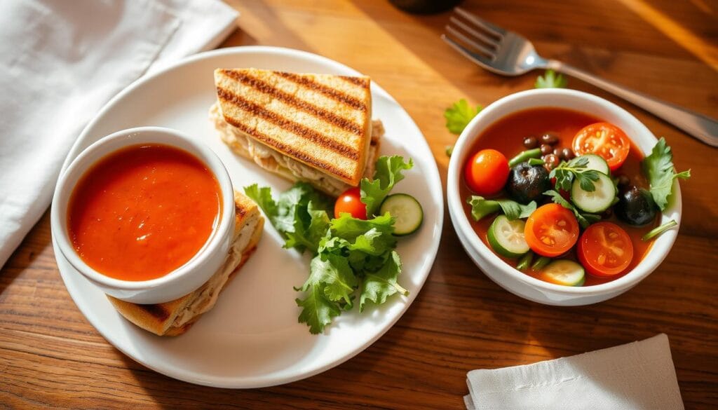 Grilled Chicken Panini served with tomato soup and a side salad Grilled Chicken Panini served with tomato soup and a side salad