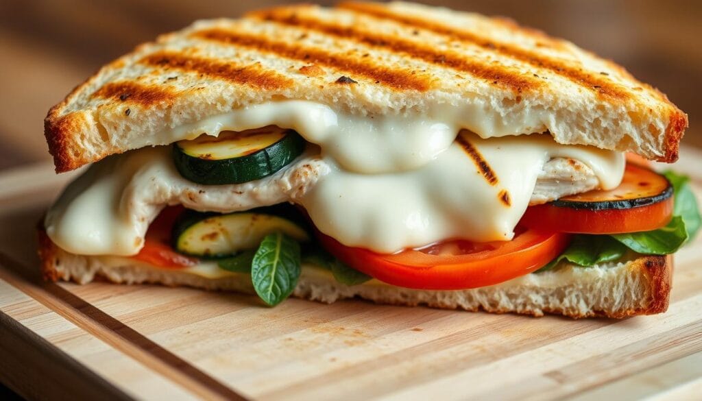 Grilled Chicken Panini with melted mozzarella, grilled zucchini, and tomato slices on sourdough bread