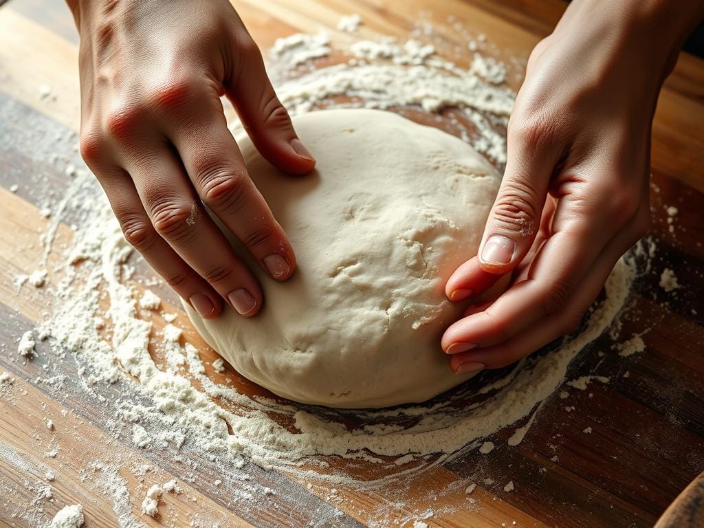 Hands kneading homemade pizza dough on a floured surface Hands kneading homemade pizza dough on a floured surface