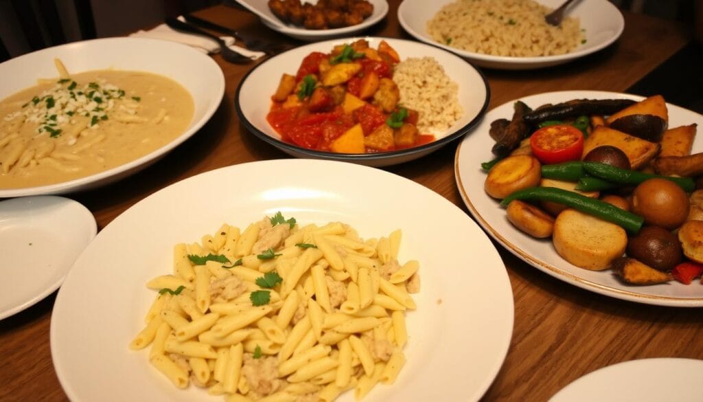 Hearty vegan dinner dishes including pasta, curry, and roasted vegetables Hearty vegan dinner dishes including pasta, curry, and roasted vegetables