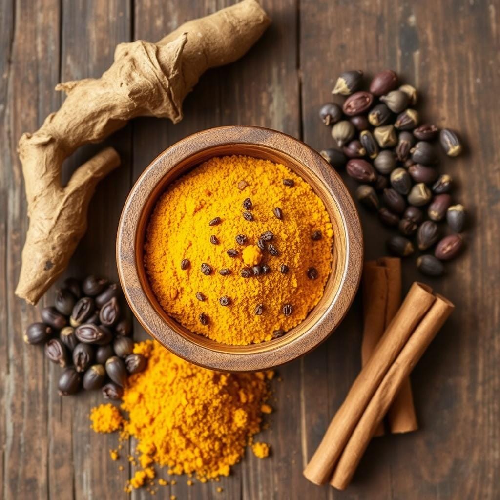 Homemade anti-inflammatory spice blend with turmeric, black pepper, and other spices