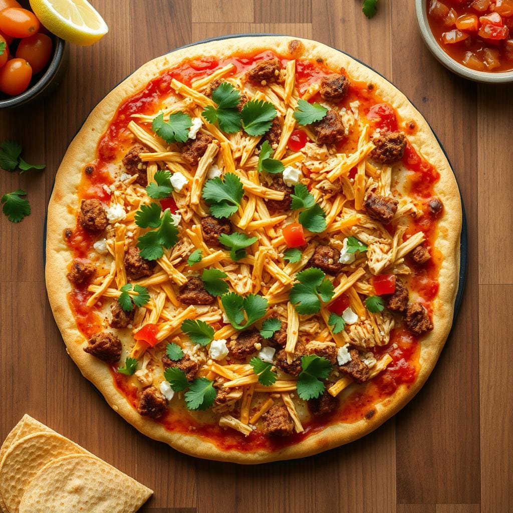 Homemade chicken taco pizza with shredded chicken instead of beef Homemade chicken taco pizza with shredded chicken instead of beef