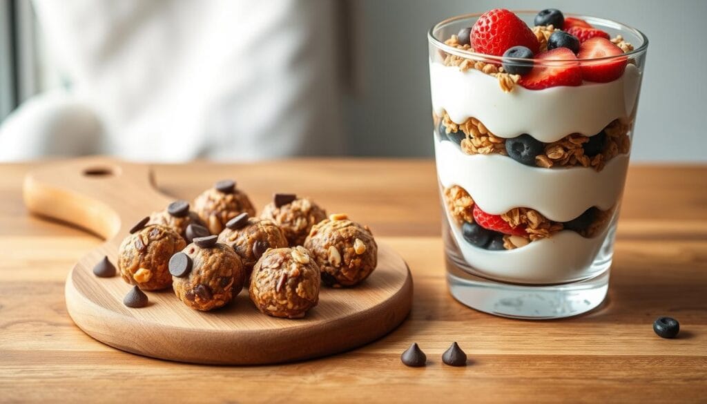 Homemade protein balls and Greek yogurt parfait