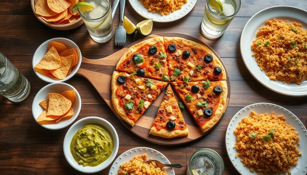 Homemade taco pizza served with side dishes and drinks Homemade taco pizza served with side dishes and drinks