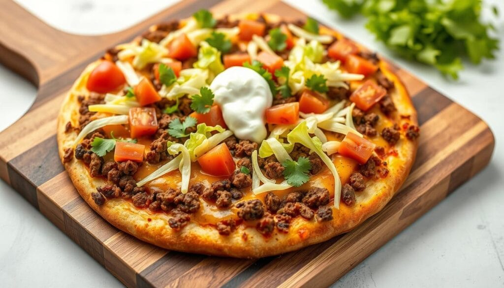Homemade taco pizza topped with seasoned ground beef, cheese, lettuce, and tomatoes on a wooden serving board
