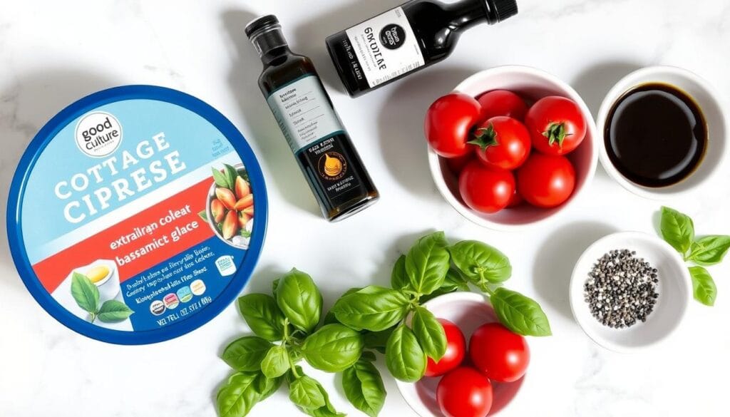 Ingredients for Burst Tomato Cottage Cheese Caprese Bowl laid out on a counter Ingredients for Burst Tomato Cottage Cheese Caprese Bowl laid out on a counter
