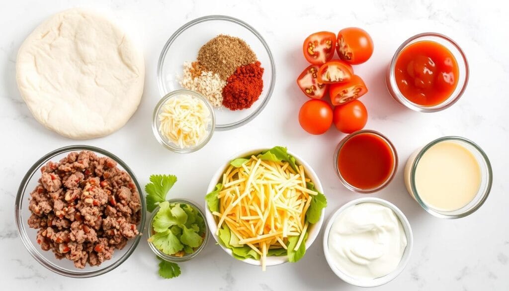 Ingredients for homemade taco pizza laid out on a kitchen counter Ingredients for homemade taco pizza laid out on a kitchen counter