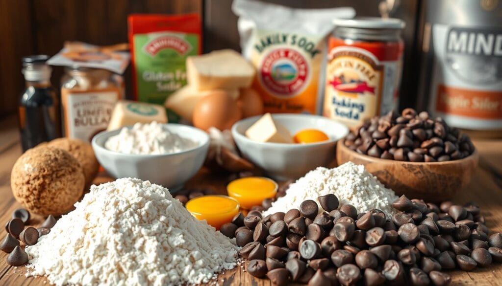 Ingredients for soft, chewy gluten-free chocolate chip cookies: an assortment of premium baking ingredients arranged in a rustic, wooden setting. In the foreground, glistening chocolate chips, gluten-free flour, and a bowl of fresh eggs. Midsection features creamy butter, vanilla extract, and a mixing bowl. Background showcases brown sugar, baking soda, and a vintage cookie sheet. Soft, natural lighting illuminates the scene, casting warm shadows and highlighting the textures. The overall mood is cozy, inviting, and homemade, reflecting the comfort of freshly baked gluten-free cookies. Ingredients for soft, chewy gluten-free chocolate chip cookies: an assortment of premium baking ingredients arranged in a rustic, wooden setting. In the foreground, glistening chocolate chips, gluten-free flour, and a bowl of fresh eggs. Midsection features creamy butter, vanilla extract, and a mixing bowl. Background showcases brown sugar, baking soda, and a vintage cookie sheet. Soft, natural lighting illuminates the scene, casting warm shadows and highlighting the textures. The overall mood is cozy, inviting, and homemade, reflecting the comfort of freshly baked gluten-free cookies.