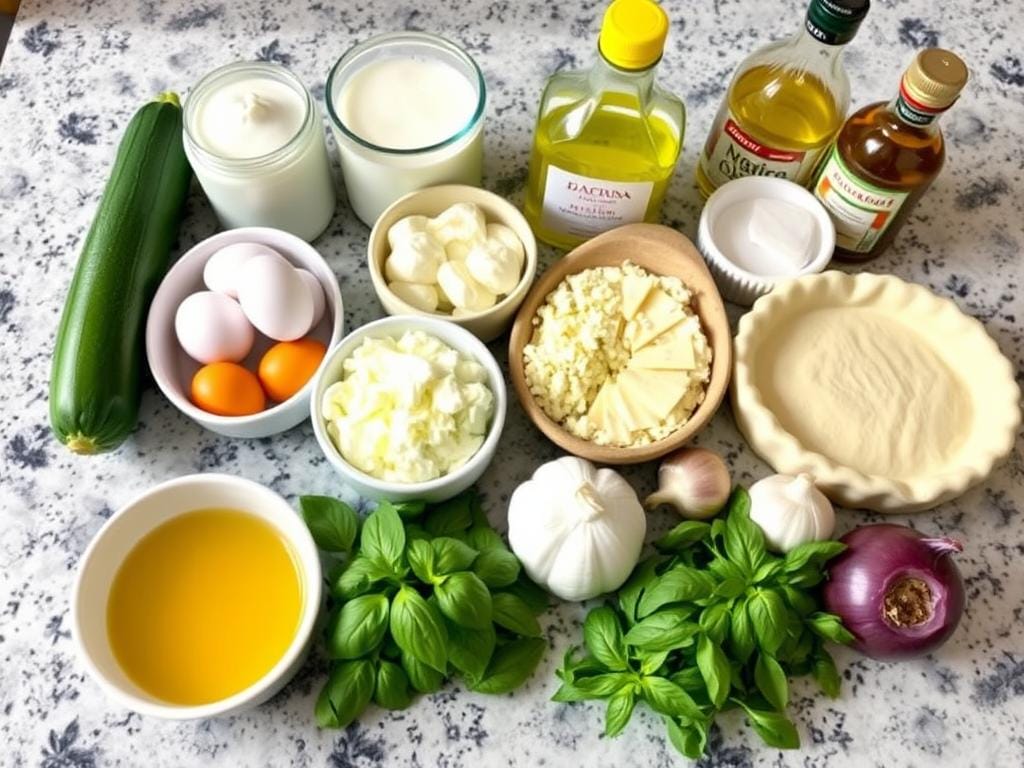 Ingredients for zucchini quiche laid out on a counter Ingredients for zucchini quiche laid out on a counter