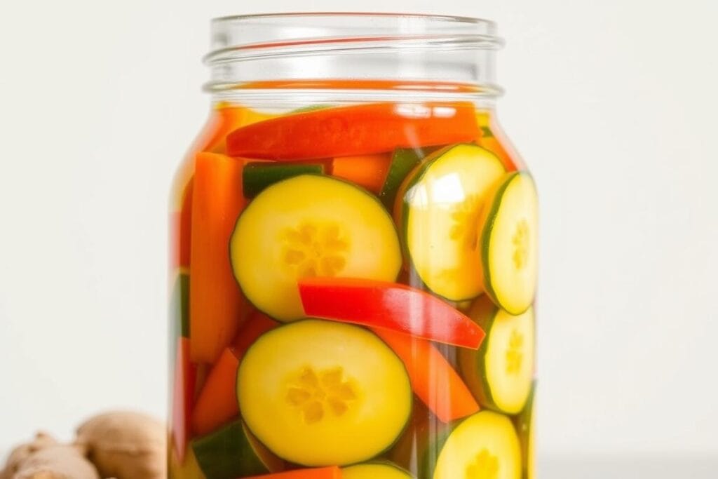 Jar of quick pickled vegetables with turmeric and ginger