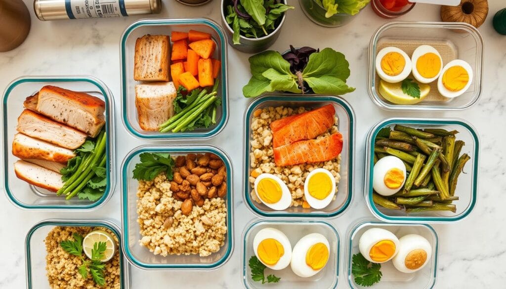 Meal prep containers with high-protein foods organized for the week