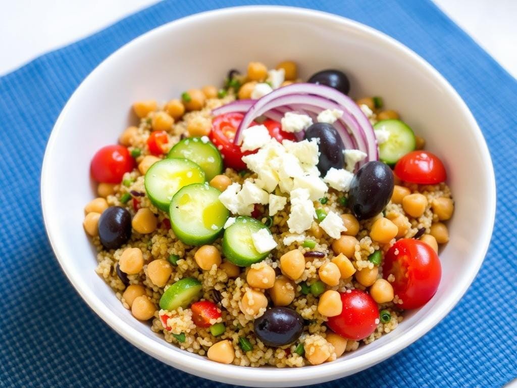 Mediterranean quinoa bowl with vegetables and chickpeas