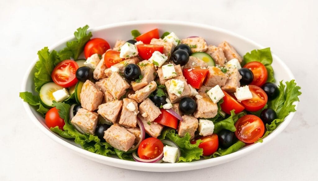 Mediterranean tuna salad with fresh vegetables and olives