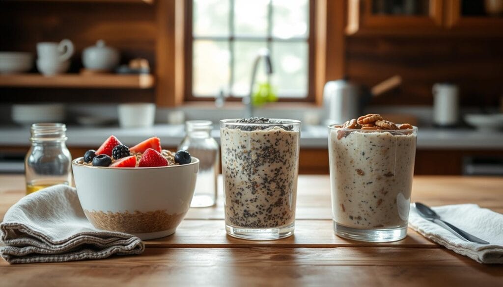 Meticulously crafted oatmeal cups in a rustic kitchen setting. Three distinct varieties presented on a wooden table: baked oatmeal with fresh berries, overnight oats with chia seeds, and slow-cooked steel-cut oats with toasted pecans. Soft, natural lighting filters through the window, casting a warm glow. Textured linen napkins and a small glass jar add charm. The cups are arranged in an inviting, magazine-worthy composition, showcasing the hearty, wholesome breakfast options. Meticulously crafted oatmeal cups in a rustic kitchen setting. Three distinct varieties presented on a wooden table: baked oatmeal with fresh berries, overnight oats with chia seeds, and slow-cooked steel-cut oats with toasted pecans. Soft, natural lighting filters through the window, casting a warm glow. Textured linen napkins and a small glass jar add charm. The cups are arranged in an inviting, magazine-worthy composition, showcasing the hearty, wholesome breakfast options.