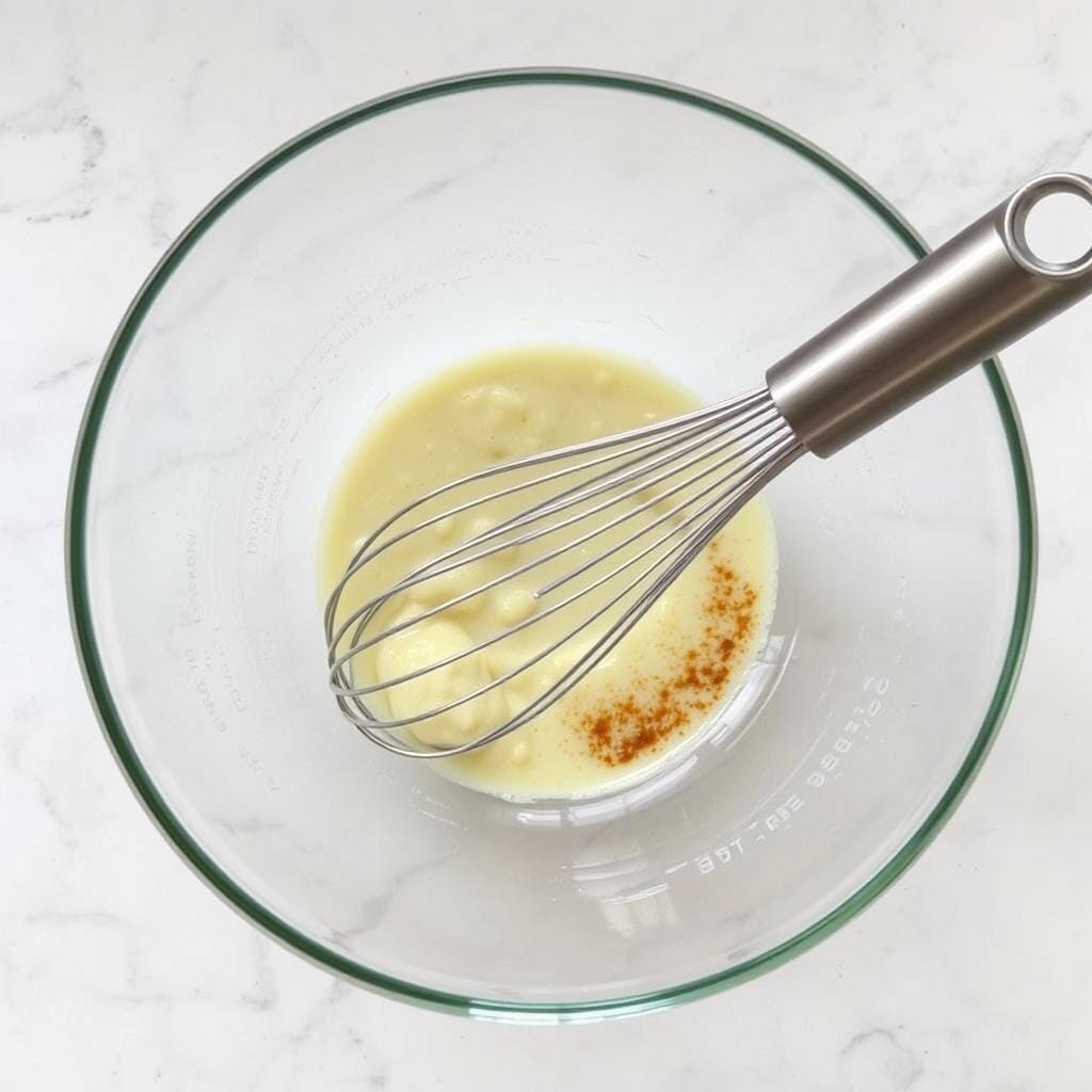 Mixing bowl with whisk for quiche batter Mixing bowl with whisk for quiche batter