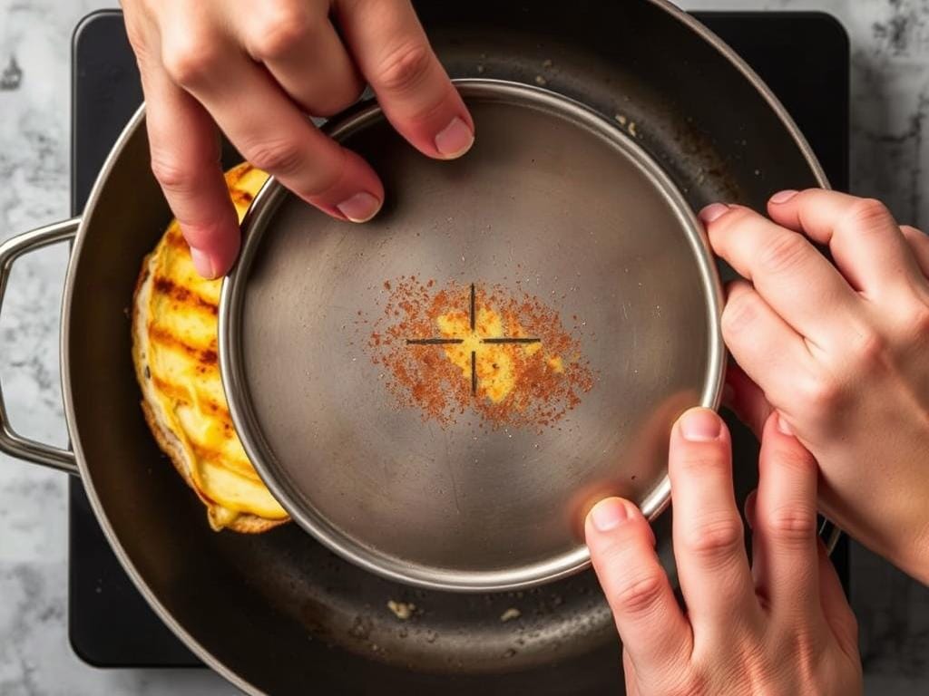 Panini being pressed in a skillet with a heavy pot on top Panini being pressed in a skillet with a heavy pot on top