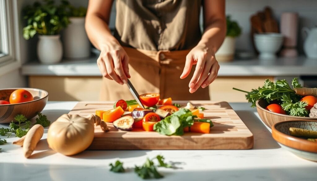 Person cooking vegan meal in bright kitchen with fresh ingredients Person cooking vegan meal in bright kitchen with fresh ingredients