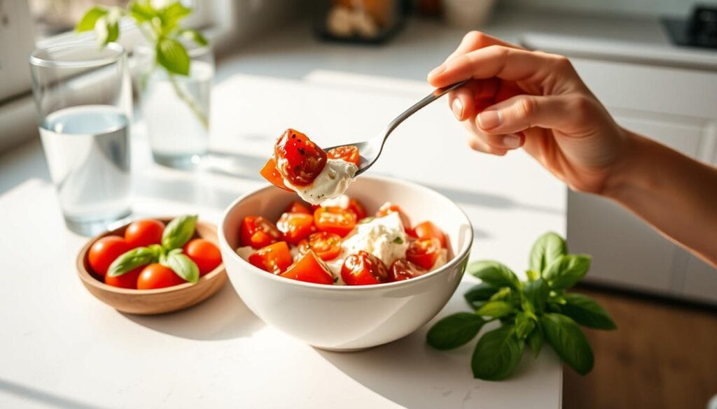 Person enjoying a Burst Tomato Cottage Cheese Caprese Bowl Person enjoying a Burst Tomato Cottage Cheese Caprese Bowl
