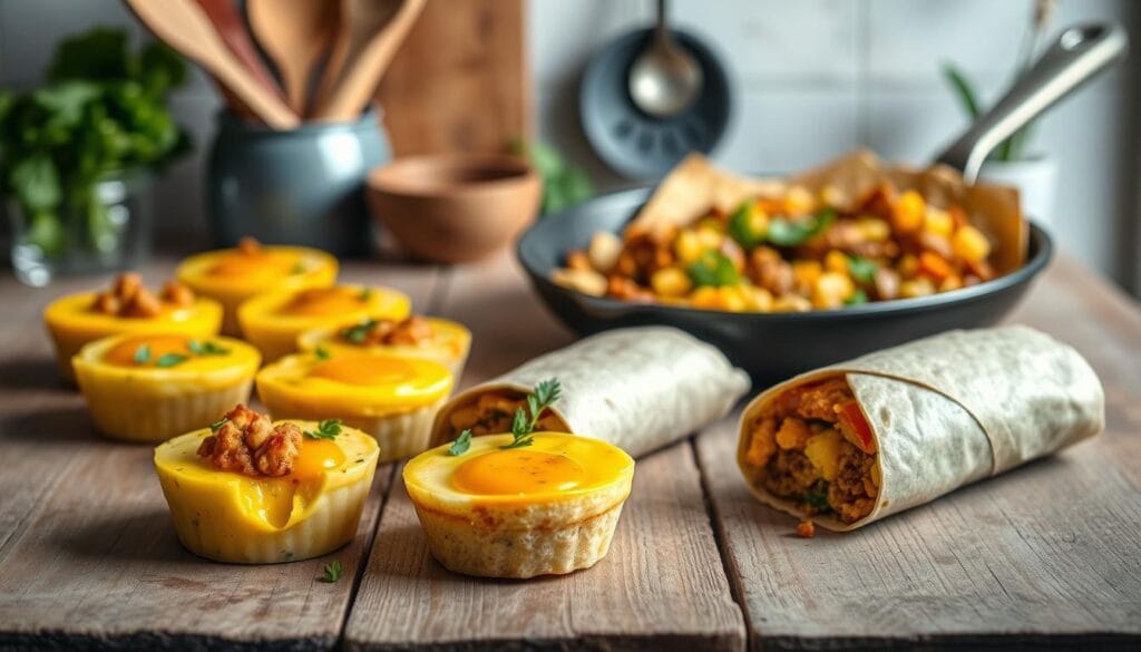 Protein-packed egg dishes arranged on a rustic wooden table against a light, airy backdrop. In the foreground, various egg cups and breakfast burritos, their fillings spilling out invitingly. In the middle ground, a skillet with scrambled eggs, sautéed vegetables, and crumbled protein. The background features a soft, blurred scene with kitchen utensils, fresh herbs, and natural lighting filtering through. The overall mood is warm, appetizing, and designed to inspire busy home cooks seeking nourishing, make-ahead breakfast options.