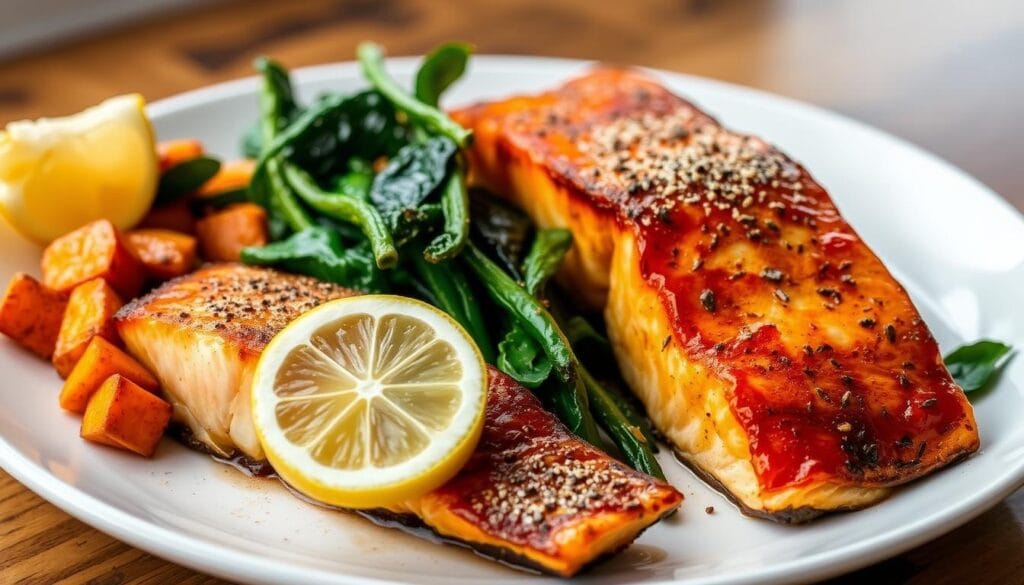 Roasted salmon with sweet potatoes and leafy greens