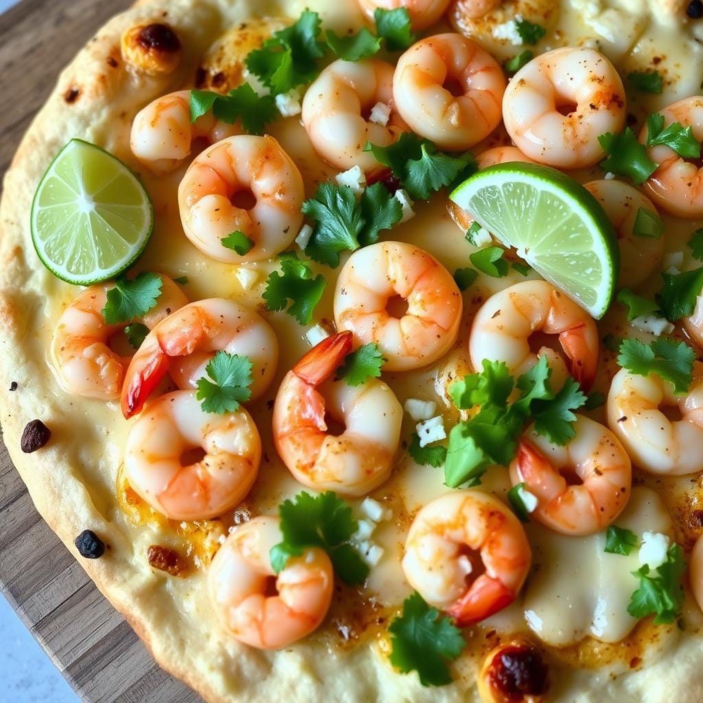 Seafood taco pizza with shrimp and a lime wedge garnish Seafood taco pizza with shrimp and a lime wedge garnish