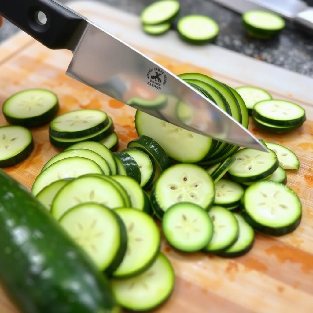 Sharp knife slicing zucchini thinly Sharp knife slicing zucchini thinly