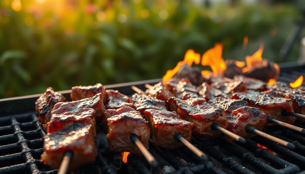 Sizzling skewers of grilled flank steak, juices caramelizing on the hot grates. Tender meat, charred to perfection, with a smoky aroma wafting through the air. In the foreground, the skewers are arranged in an inviting manner, each piece glistening. The middle ground features a well-used grill, with glowing embers and dancing flames. In the background, a lush, verdant setting, with a warm, golden lighting casting a soft glow over the scene. The overall atmosphere is one of a delightful, mouthwatering outdoor cooking experience. Sizzling skewers of grilled flank steak, juices caramelizing on the hot grates. Tender meat, charred to perfection, with a smoky aroma wafting through the air. In the foreground, the skewers are arranged in an inviting manner, each piece glistening. The middle ground features a well-used grill, with glowing embers and dancing flames. In the background, a lush, verdant setting, with a warm, golden lighting casting a soft glow over the scene. The overall atmosphere is one of a delightful, mouthwatering outdoor cooking experience.