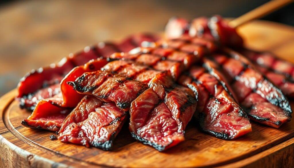 Slender strips of juicy, marbled flank steak, freshly grilled with a light char, glistening under warm, golden lighting. The steak is neatly arranged on a rustic wooden board, with a slight angle to showcase the delicate texture and vibrant red hue. The lighting creates a soft, inviting atmosphere, casting gentle shadows that accentuate the three-dimensional nature of the steak pieces. The background is blurred, allowing the viewer to focus solely on the tantalizing, restaurant-quality presentation of the steak strips, ready to be skewered and enjoyed as part of a delectable grilled steak dish. Slender strips of juicy, marbled flank steak, freshly grilled with a light char, glistening under warm, golden lighting. The steak is neatly arranged on a rustic wooden board, with a slight angle to showcase the delicate texture and vibrant red hue. The lighting creates a soft, inviting atmosphere, casting gentle shadows that accentuate the three-dimensional nature of the steak pieces. The background is blurred, allowing the viewer to focus solely on the tantalizing, restaurant-quality presentation of the steak strips, ready to be skewered and enjoyed as part of a delectable grilled steak dish.